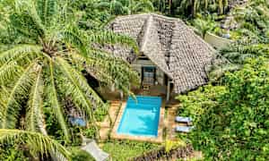 En bungalow med stråtak omgitt av grøntområder og et basseng foran bygningen. (AI-generert tekst)