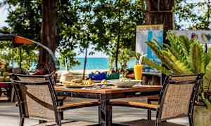 Et dekket bord med stoler utendørs, omgitt av grøntområde og med havet i bakgrunnen. (AI-generert tekst)