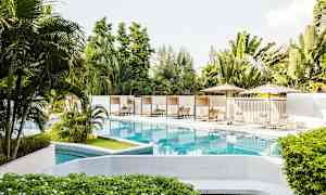 Bassengområde med solsenger og parasoller omgitt av frodig vegetasjon. (AI-generert tekst)