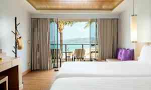 Hotellrom med to senger, skrivebord og balkong med utsikt over stranden. (AI-generert tekst)