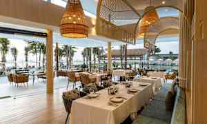 Restaurant med dekkede bord og utsikt over palmer og hav gjennom store vinduer. (AI-generert tekst)