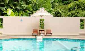 Et svømmebasseng med to solsenger og en parasoll foran en vegg med frodig vegetasjon i bakgrunnen. (AI-generert tekst)