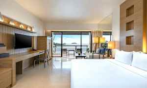 Et hotellrom med en dobbeltseng, skrivebord og TV, og utsikt over havet gjennom en stor glassdør som leder til en balkong. (AI-generert tekst)