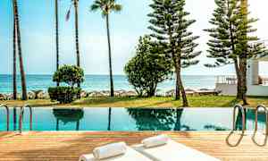 Basseng nær stranden med solsenger og omgitt av palmer. (AI-generert tekst)