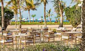 Utendørsområde med bord og stoler omgitt av palmer nær sjøen. (AI-generert tekst)