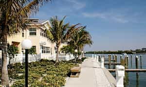 En gangsti med benker og lykter er omgitt av palmer og fører forbi en bygning til en småbåthavn. (AI-generert tekst)