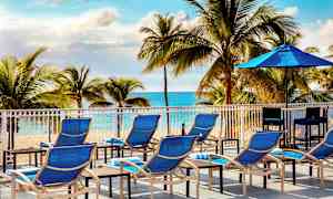 Soldekk med blå solstoler og parasoll foran en strand og palmer. (AI-generert tekst)