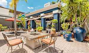 En solrik uteplass med bord og stoler, en peis og dekorative blå potter omgitt av palmetrær. (AI-generert tekst)