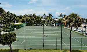 En utendørs tennisbane med grønn farge, omgitt av et gjerde og palmer. (AI-generert tekst)