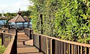 Gangvei med tredekke som fører til en paviljong ved en innsjø, omgitt av grønne blader. (AI-generert tekst)