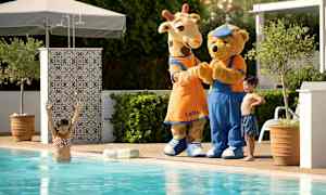 To figurer kledd som en giraff og en bjørn står ved bassengkanten i en solfylt setting. (AI-generert tekst)