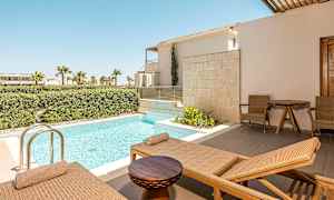 Privat terrasse med utsikt over et lite basseng omgitt av grønne planter og palmer. (AI-generert tekst)