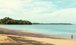 Strand med gyllen sand, rolig blå sjø og frodig skog i bakgrunnen. En person går langs vannkanten. (AI-generert tekst)