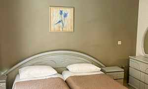 To enkeltsenger med brune sengetepper, et maleri på veggen over og en kommode til høyre. (AI-generert tekst)