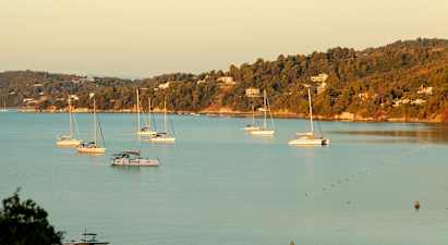 Flere seilbåter i en bukt med skogkledde åser og hus i bakgrunnen. (AI-generert tekst)