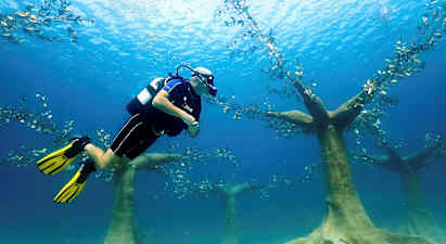 En dykker svømmer under vann over kunstige undervannsskulpturer i form av trær. (AI-generert tekst)