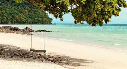 En huske henger fra et tre ved en sandstrand med klart vann. (AI-generert tekst)