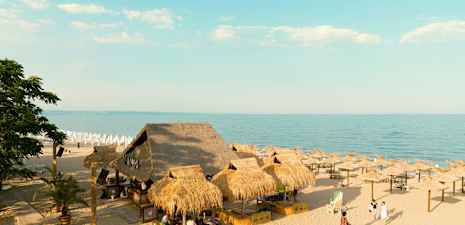 Strand med en bar med stråtak og parasoller ved vannet. (AI-generert tekst)