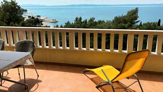 Balkong med bord, stoler og solseng samt utsikt over havet. (AI-generert tekst)