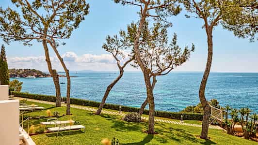 Utsikt over havet med trær, plen og solsenger i forgrunnen. (AI-generert tekst)