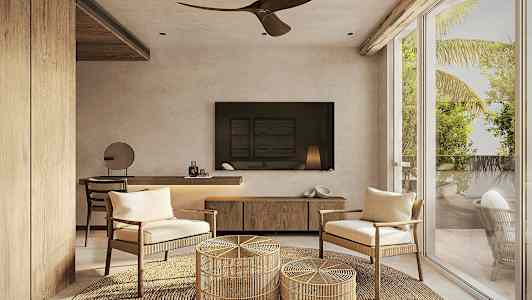 Moderne rom med store vinduer, to stoler, og en rottingmatte. (AI-generert tekst)