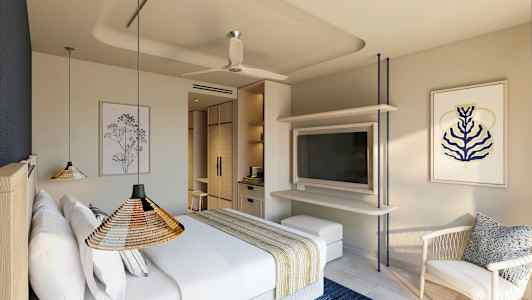 Et moderne hotellrom med en dobbeltseng, kunstverk på veggene og en TV. (AI-generert tekst)