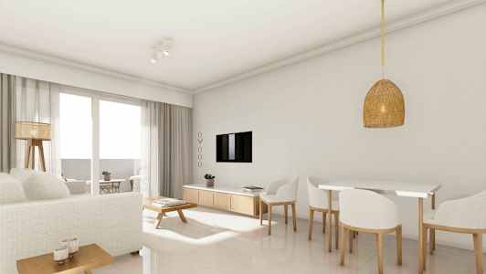 En lys stue med en sofa, spisebord og TV. (AI-generert tekst)