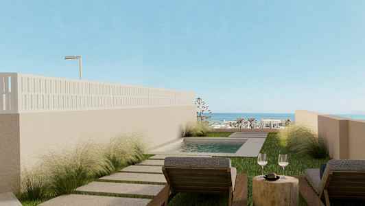 To solsenger ved et lite basseng med utsikt over havet. (AI-generert tekst)