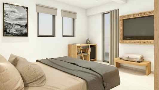 Et moderne soverom med en seng, skrivebord og TV. (AI-generert tekst)