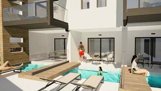 Bildet viser en moderne leilighetsbygning med balkonger og et smalt basseng omgitt av solsenger og terrasse. (AI-generert tekst)