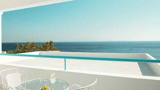 Utsikt fra en terrasse mot havet. (AI-generert tekst)