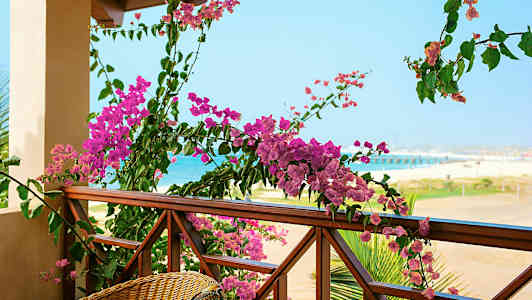 Balkong med trerekkverk dekorert med rosa blomster og utsikt mot en strand og hav. (AI-generert tekst)