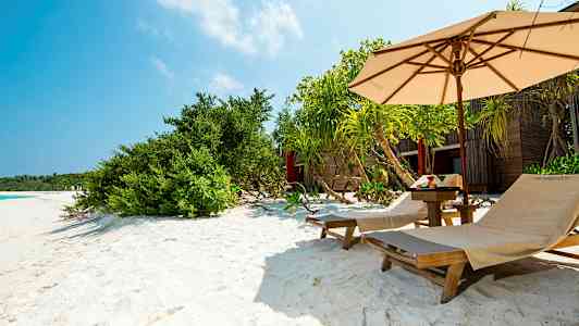 Solstoler på en sandstrand med parasoll og grønne planter. (AI-generert tekst)