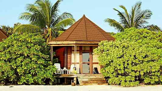 En strandnær hytte omgitt av frodig vegetasjon med palmer. (AI-generert tekst)