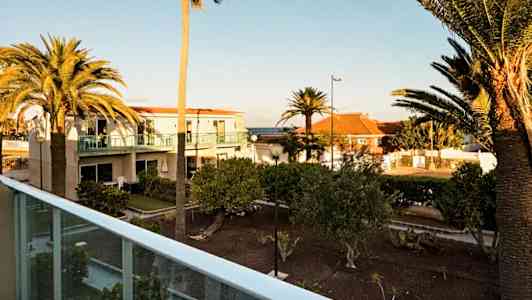 Utendørs utsikt med palmer og bolighus i bakgrunnen, tatt fra en balkong. (AI-generert tekst)