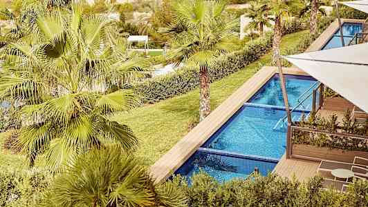 Bilde av et basseng omgitt av grønne omgivelser og palmer. (AI-generert tekst)