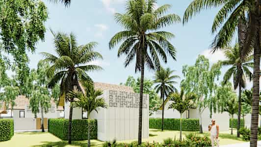 Tropisk hage med palmer og busker, omgitt av bygninger med hvite fasader. (AI-generert tekst)