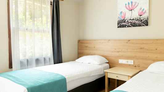 Bilde av et rom med to enkeltsenger, et nattbord og et maleri på veggen. (AI-generert tekst)