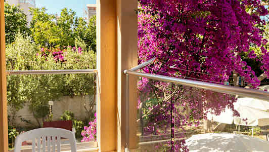 Balkong med glass rekkverk, rosa blomster og utsikt mot grønne planter. (AI-generert tekst)