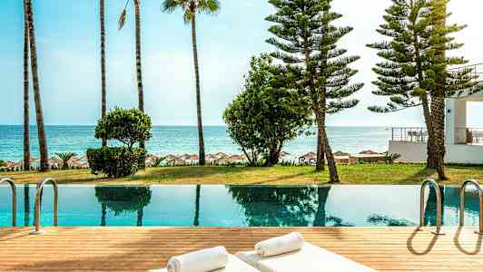 Basseng nær stranden med solsenger og omgitt av palmer. (AI-generert tekst)