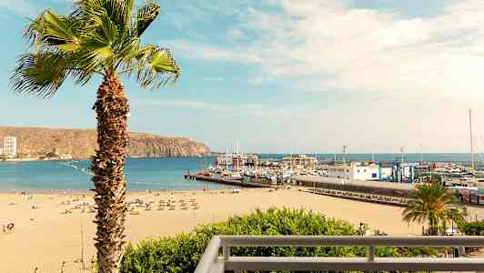 En strand med solsenger og parasoller, en havn med båter og en palme i forgrunnen. (AI-generert tekst)