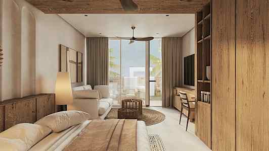 Et moderne hotellrom med tredetaljer, seng, sittegruppe og balkong. (AI-generert tekst)