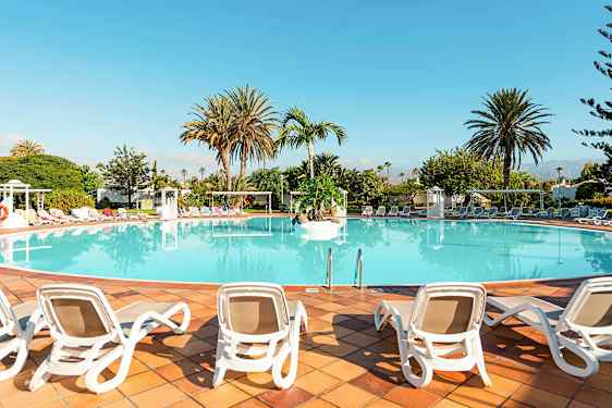 Et stort basseng omgitt av solsenger og palmer. (AI-generert tekst)