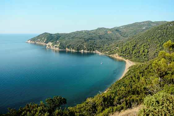 En kystlinje med en bukt omgitt av grønne fjell og klart blått hav. (AI-generert tekst)