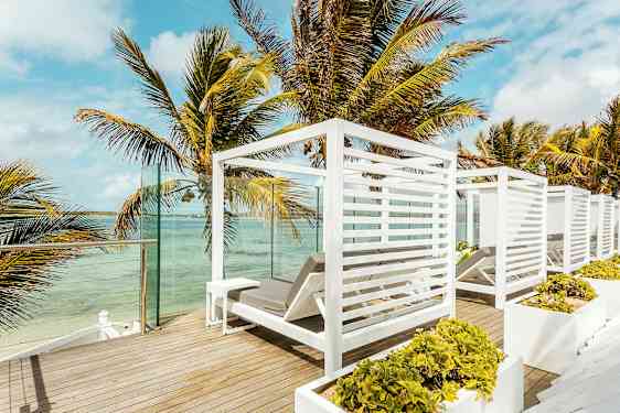 Utsikt over en terrasse med hvite solsenger og palmer ved vannet. (AI-generert tekst)