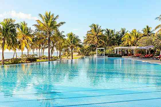 Et basseng med klart vann omgitt av palmer og solsenger under en klar himmel. (AI-generert tekst)