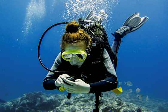 En person som dykker under vann, med dykkeutstyr og luftbobler synlige. (AI-generert tekst)