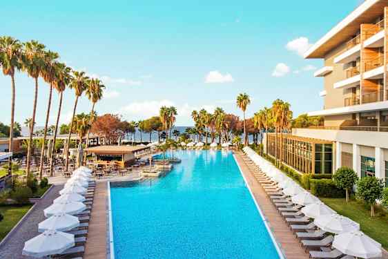 Et hotell med basseng og solsenger omgitt av palmetrær. (AI-generert tekst)