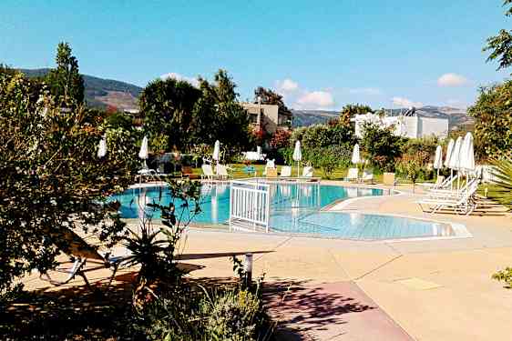 Et utendørs svømmebasseng omgitt av solsenger og parasoller, med grøntområder i bakgrunnen. (AI-generert tekst)