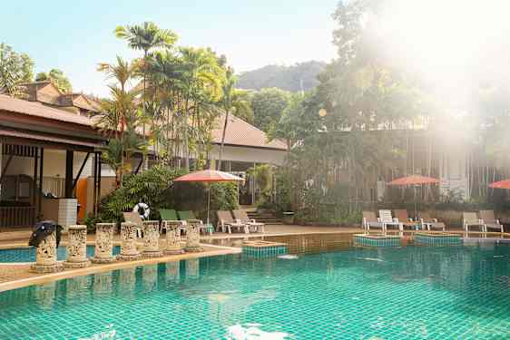 Utendørs basseng med solsenger og parasoller, omgitt av frodige trær. (AI-generert tekst)